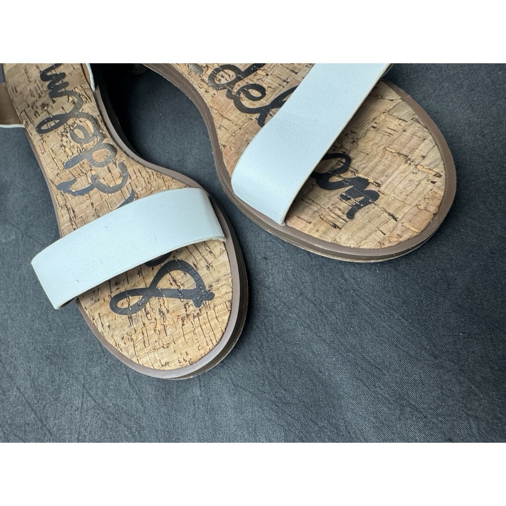 Sam Edelman White Leather Cork Sandals Gold Block Heel Buckle Strap Women's 7.5 - Picture 12 of 13